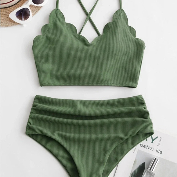 Zaful Other - Zaful Ribbed Scalloped LaceUp TummyControl Tankini Green Size Small NWT